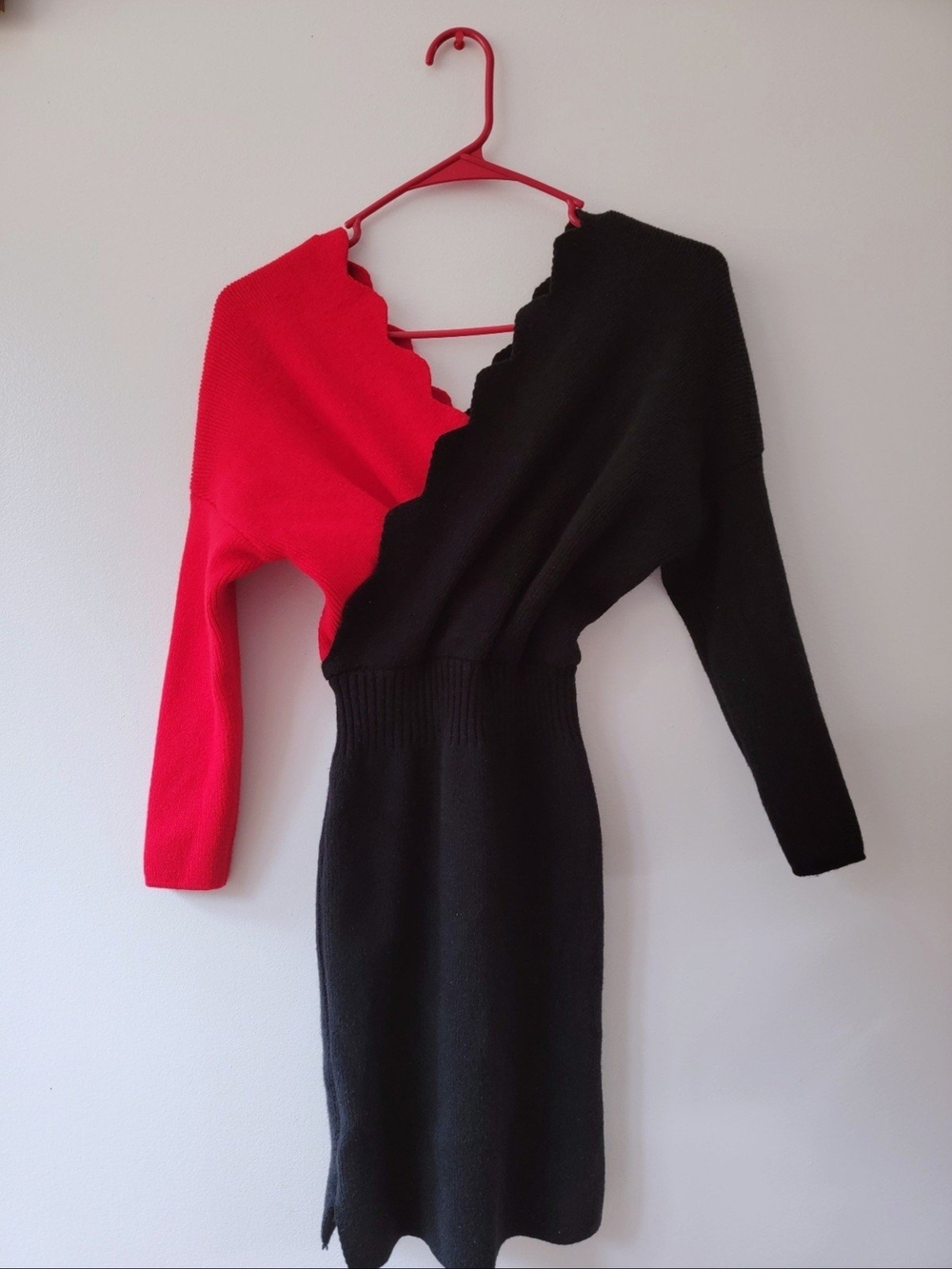 One-Shoulder Two-Tone Red and Black Knit Dress